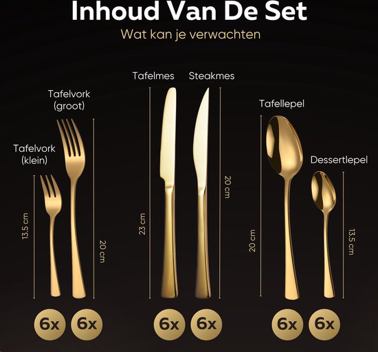 Inhoud van de set: 6 grote vorken, 6 kleine vorken, 6 messen, 6 steakmessen, 6 lepels, 6 dessertlepels, met afmetingen.
