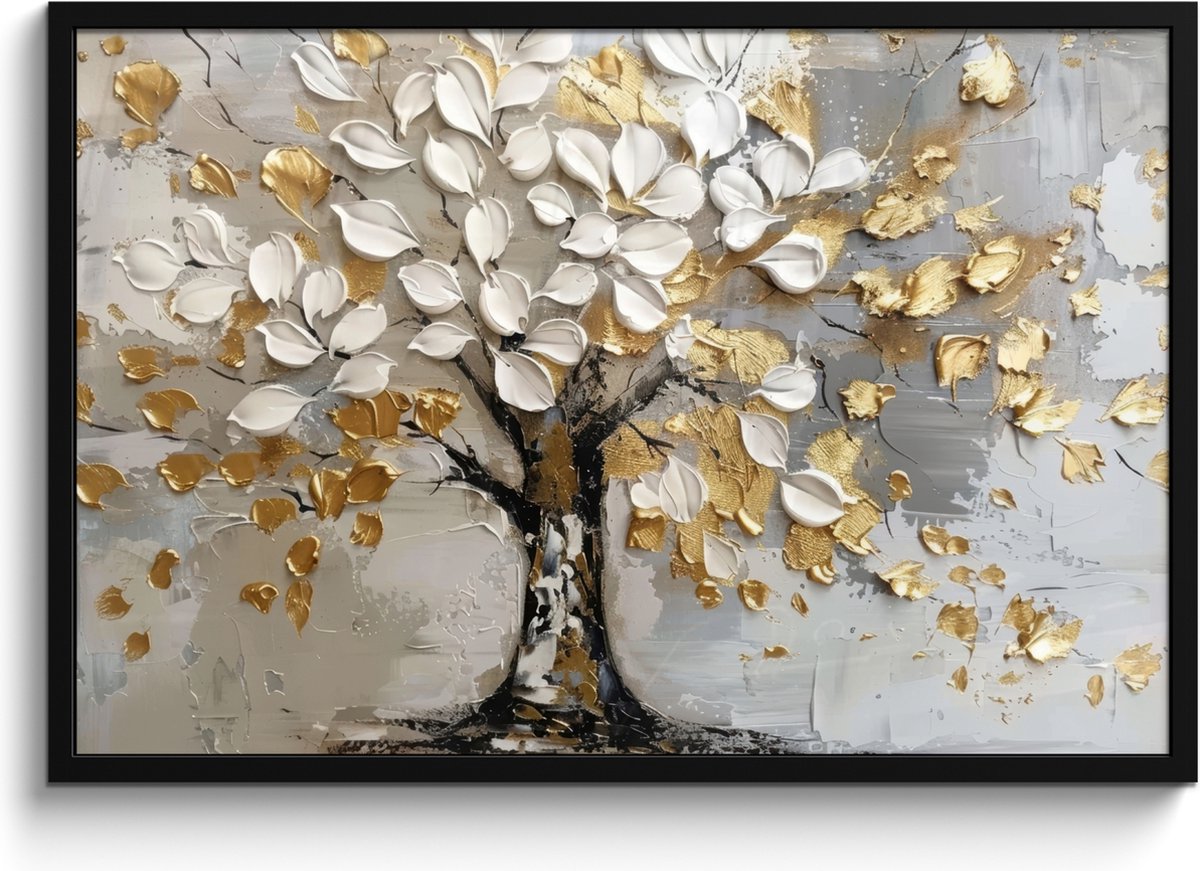 FrameYourWall Poster in lijst - Fotolijst 90x60 cm - Posters - Boom - Beige - Grijs - Goud - Abstract - Posterlijst zwart - Decoratie - Wanddecoratie woonkamer - Muurdecoratie slaapkamer Wit - Goud