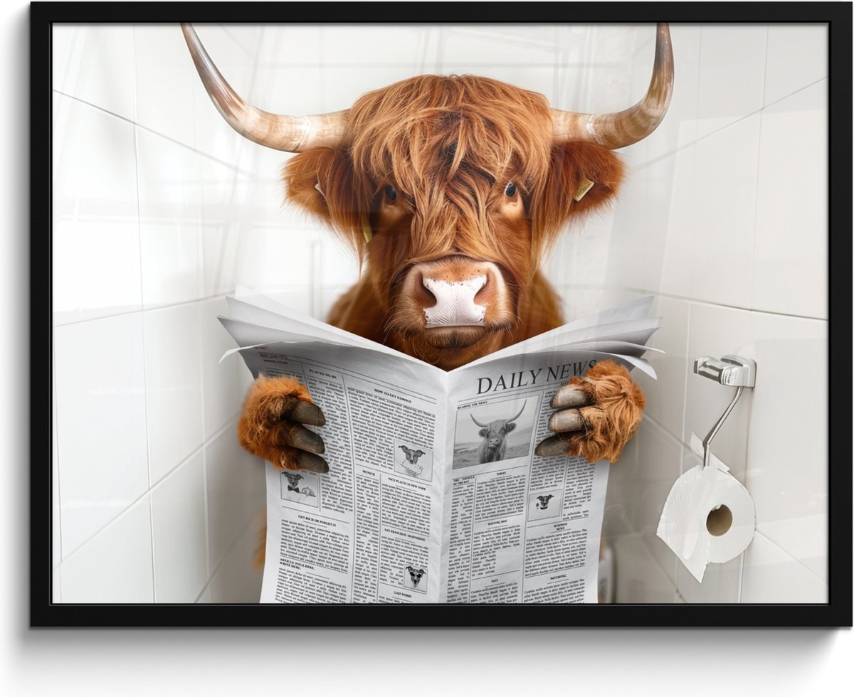 FrameYourWall Poster in lijst - Fotolijst 80x60 cm - Posters - Schotse Hooglander - Dier - Krant - Toilet - Posterlijst zwart - Wanddecoratie badkamer - Muurdecoratie WC - Decoratieve accessoires - Toilet muur decoratie Schotse hooglander - WC