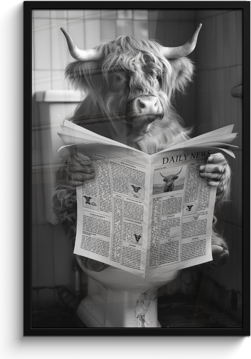 Poster in lijst - Fotolijst 60x90 cm - Posters - Schotse hooglander - Koe - Krant - WC - Z