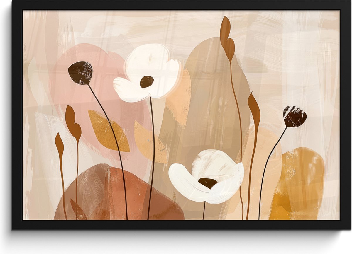 FrameYourWall Poster in lijst - Fotolijst 60x40 cm - Posters - Bloemen - Abstract - Beige - Line art - Posterlijst zwart - Decoratie - Wanddecoratie woonkamer - Muurdecoratie slaapkamer
