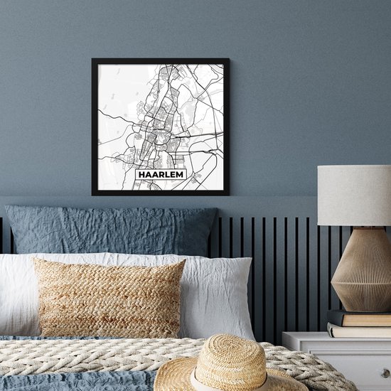 Affiche encadrée - Cadre photo 40x40 cm - Posters - Carte - Haarlem - Zwart - Wit - Cadre affiche noir - Décoration - Décoration murale salon - Décoration murale chambre