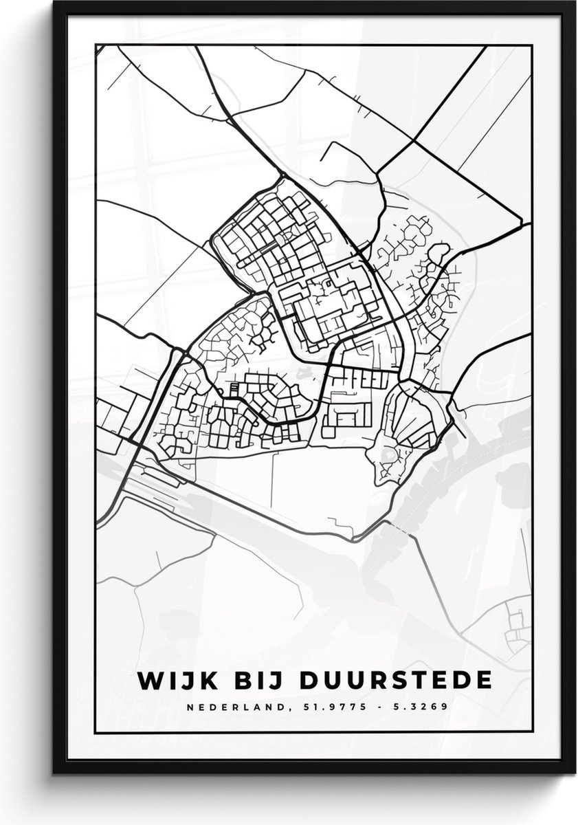 Poster in lijst - Fotolijst 80x120 cm - Posters - Kaart - Wijk bij Duurstede - Zwart - Wit - Posterlijst zwart - Decoratie - Wanddecoratie woonkamer - Muurdecoratie slaapkamer