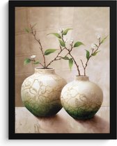 Poster in lijst - Fotolijst 30x40 cm - Posters - Bloemen - Vaas - Wit - Botanisch - Beige - Posterlijst zwart - Wanddecoratie badkamer - Muurdecoratie WC - Decoratieve accessoires - Toilet muur decoratie