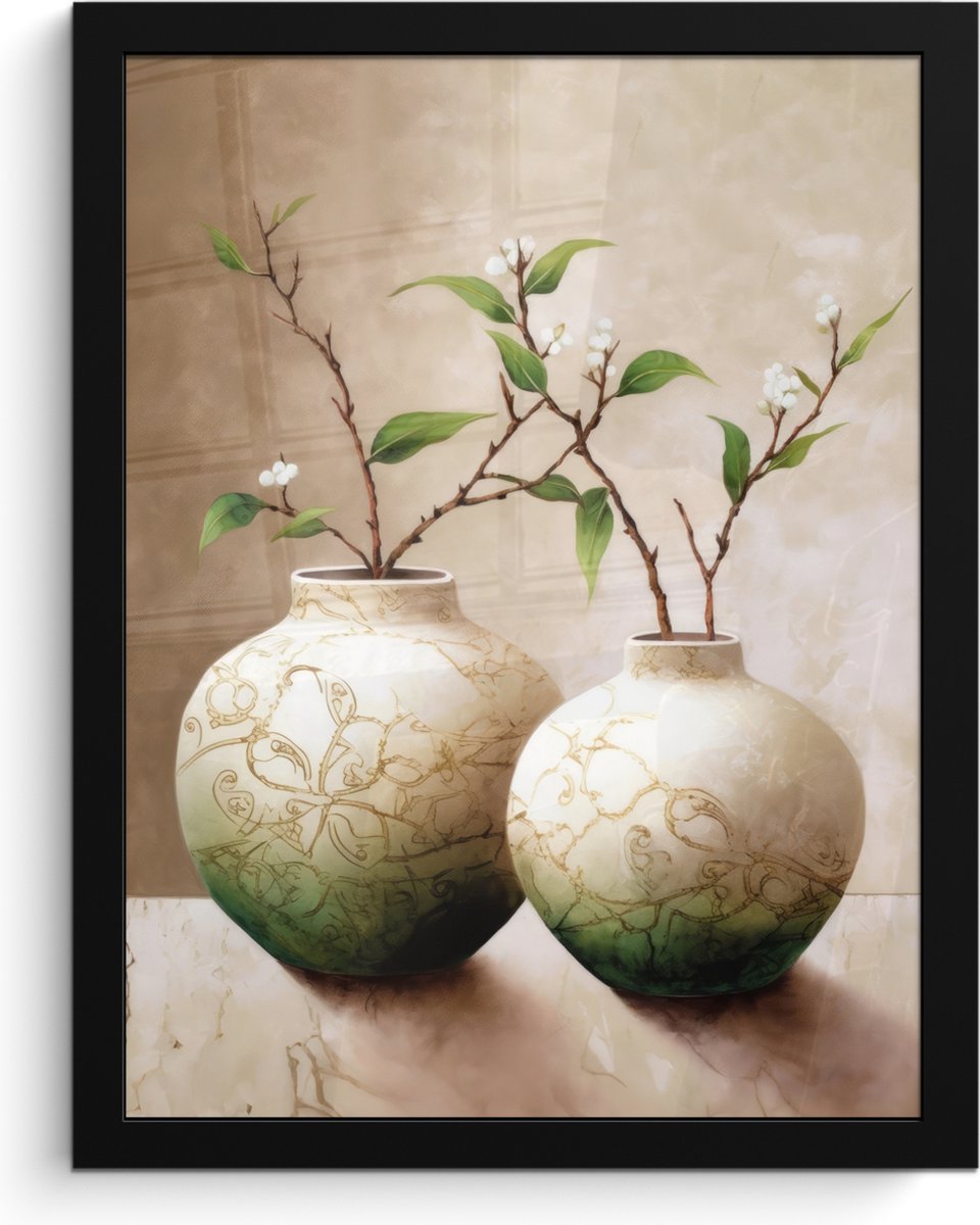 FrameYourWall Poster in lijst - Fotolijst 30x40 cm - Posters - Bloemen - Vaas - Wit - Botanisch - Beige - Posterlijst zwart - Wanddecoratie badkamer - Muurdecoratie WC - Decoratieve accessoires - Toilet muur decoratie Beige - Vazen