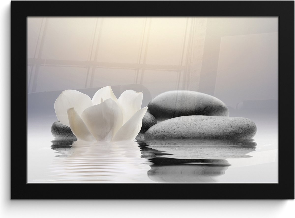 FrameYourWall Poster in lijst - Fotolijst 30x20 cm - Posters - Stenen - Lotus - Wit - Water - Zen - Posterlijst zwart - Wanddecoratie badkamer - Muurdecoratie WC - Decoratieve accessoires - Toilet muur decoratie Stenen - Bloem