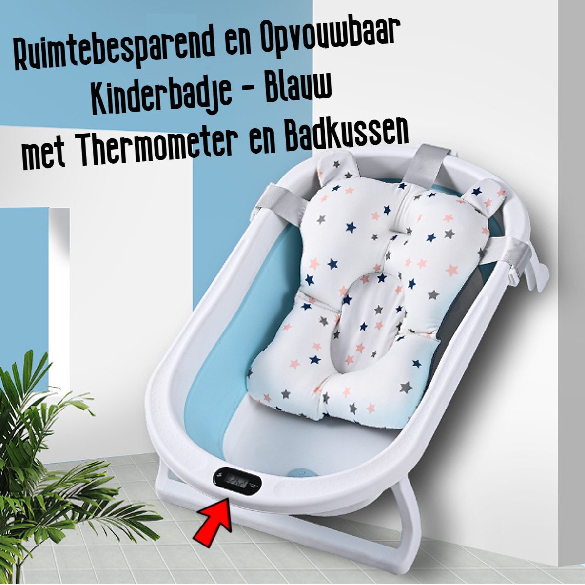 Allernieuwste.nl® Opvouwbaar Opklapbaar BabyBad met Thermometer Badkussen en Standaard - Kinderbadje Babybadje Kleur Blauw