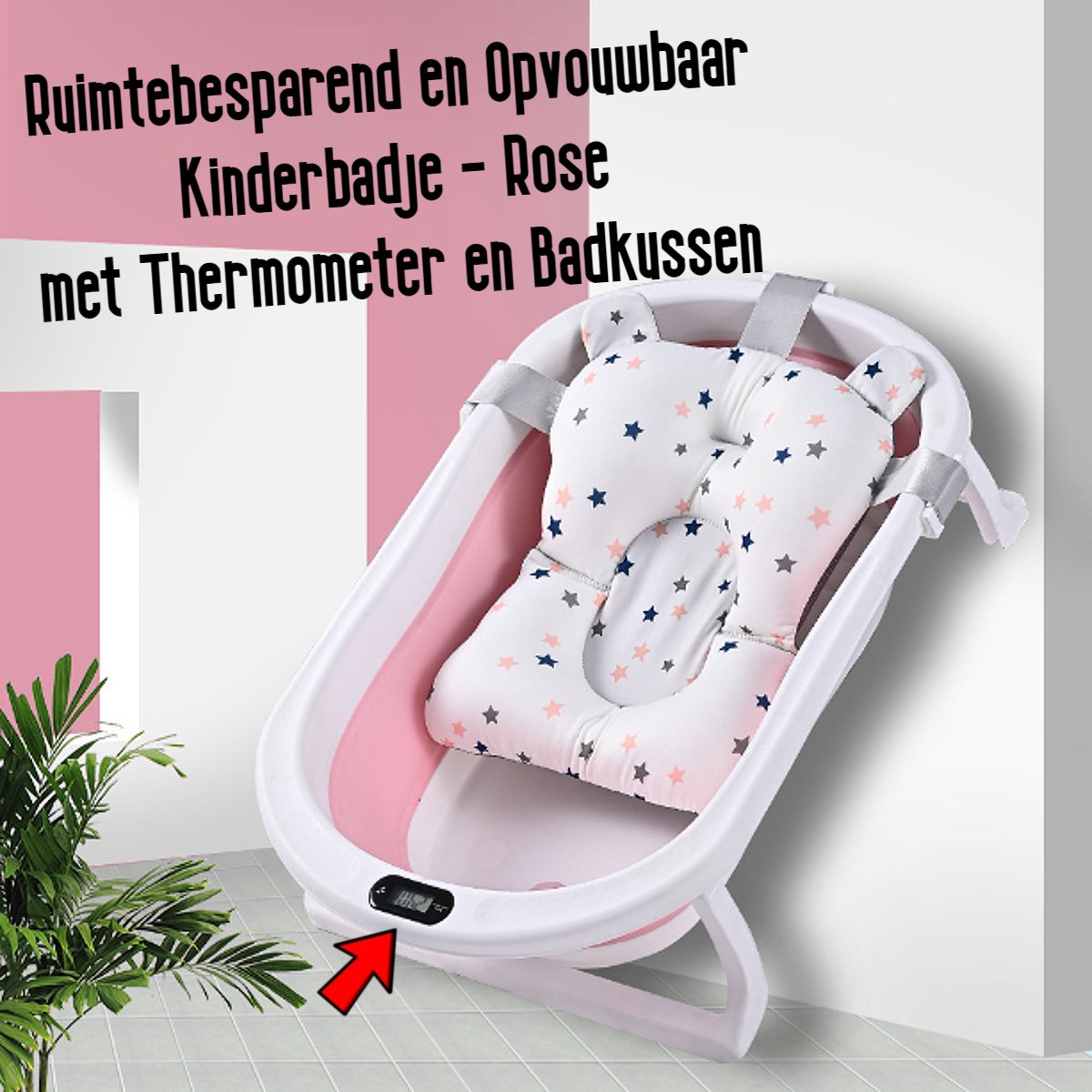 Allernieuwste.nl® Opvouwbaar Opklapbaar BabyBad met Thermometer Badkussen en Standaard - Kinderbadje Babybadje Kleur Rose