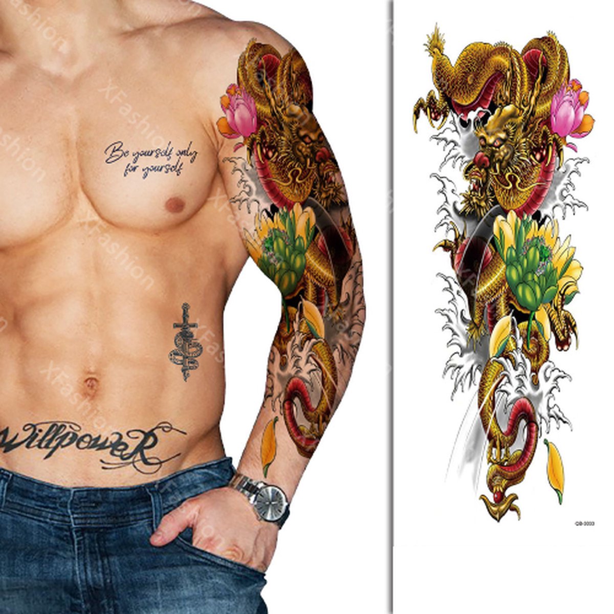 Tattoo Sleeve - Japan Draak Bloemen Draken Rozen Azië - Neptattoo Lichaam en Gezicht - Tijdelijke Henna Plak Tattoos - Nep Tatoeage - Fake Temporary Tattoo - Festival Make-up Outfit Volwassenen Kinderen