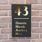 Naambordje voordeur - Huisnummerbord - Rechthoek staand - 25x15 - zwart/goud - blinde bevestiging