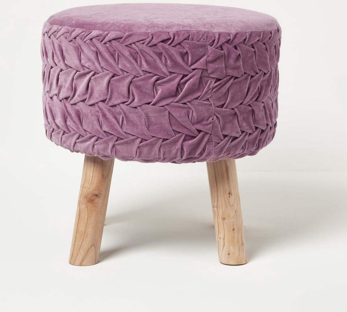 Homescapes Lyla ronde geplooide fluwelen kruk met houten poten - mauve, 40 cm hoog