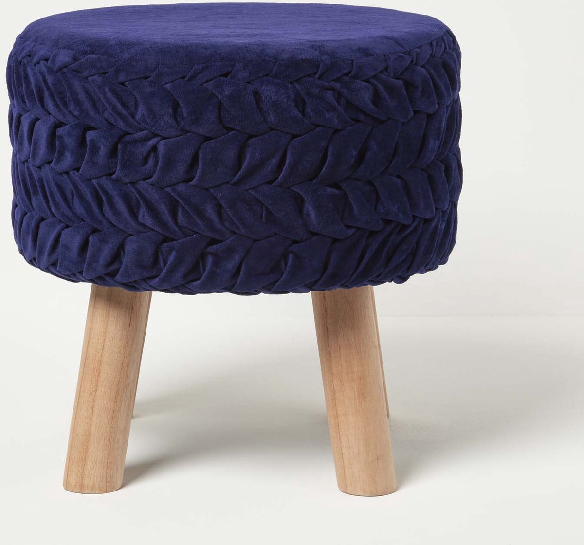 Homescapes Lyla ronde geplooide fluwelen kruk met houten poten - opaalblauw, 40 cm hoog Opaal blauw