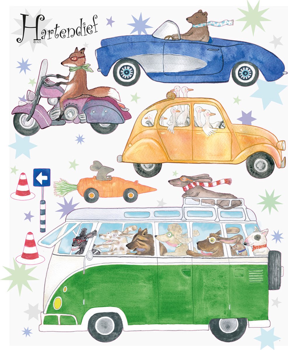 Just Cruising muursticker 58 cm | Voor Baby- & Kinderkamer | Geproduceerd in NL | Eigen Ontwerp | Hartendief Design | Muursticker | Sticker voor muur | Decoratiesticker | Herbruikbaar | Geprint op herplaatsbare stickerfolie