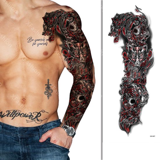 Foto: Tattoo sleeve japan zwart rood draak dragon vuur tribal neptattoo lichaam en gezicht tijdelijke henna plak tattoos nep tatoeage fake temporary tattoo festival make up outfit volwassenen kinderen