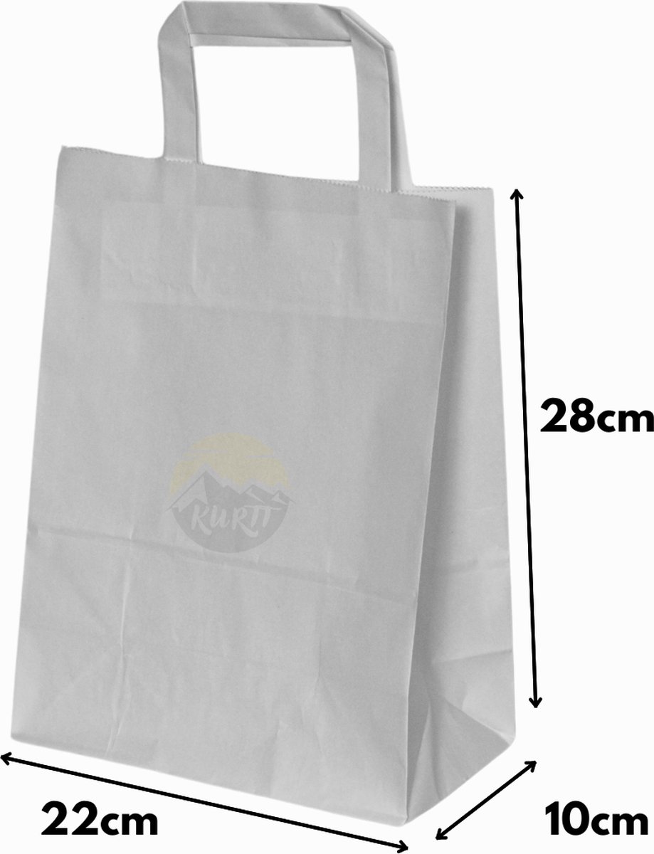 KURTT - Papieren draagtas/papieren tassen 22 + 10 x 28 cm Wit, 250 stuks - Milieuvriendelijk - To go tasjes - Maaltijd tasjes - papieren zakjes - cadeautasjes