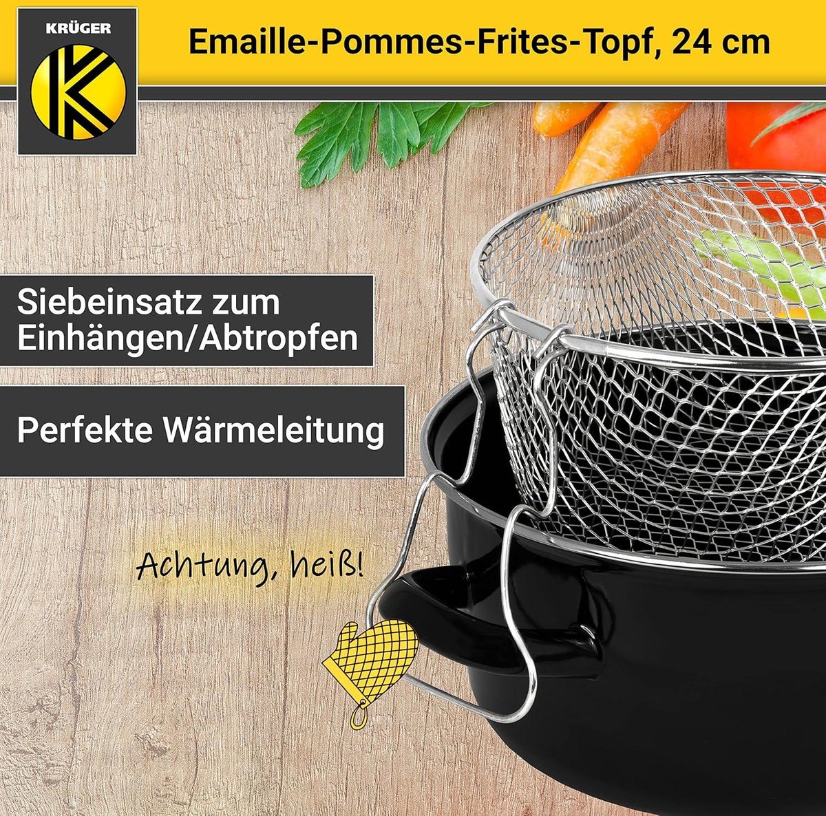 Geëmailleerde Frites-pan - Zeefinzetstuk - Perfecte warmtegeleiding - Friet