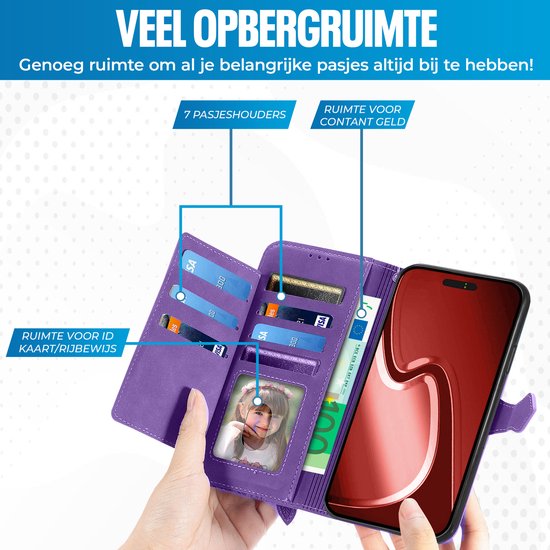 Étui portefeuille violet avec 7 fentes pour cartes et compartiments pour argent, avec photo et billet en euros.