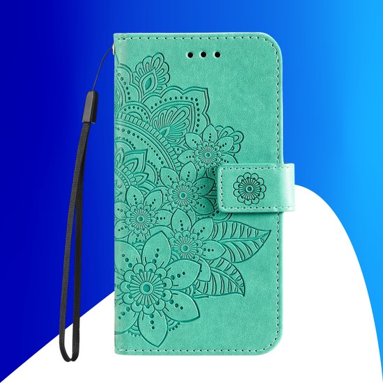 Coque adaptée pour iPhone 16 - Bookcase - Porte-cartes - Portefeuille - Imprimé fleurs - Simili cuir - Turquoise