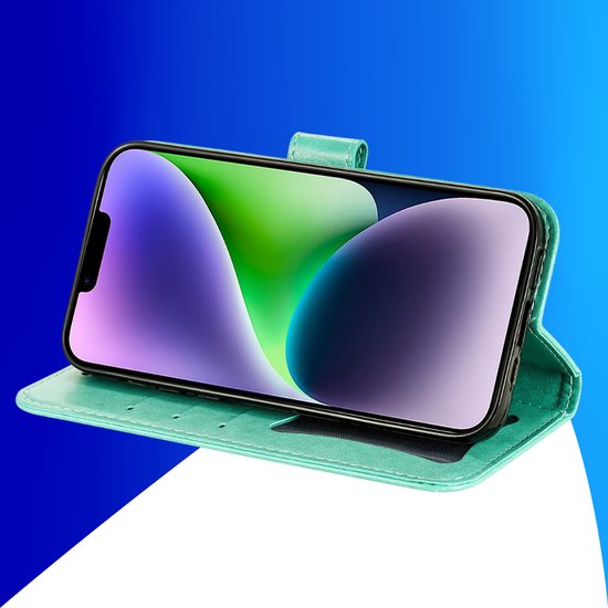 Coque adaptée pour iPhone 16 - Bookcase - Porte-cartes - Portefeuille - Imprimé fleurs - Simili cuir - Turquoise