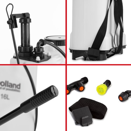 Toolland Rugsproeier met sproeilans, draagriem, niveau-indicator en 3 sproeikoppen, ideaal om planten water te geven of ongedierte te bestrijden, maximale inhoud 16 liter, wit/zwart van Toolland — afbeelding 2