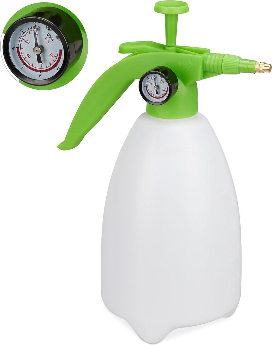 Verstelbare sproeikop hoogdrukplantenspuit met manometer 2 liter - wit groen