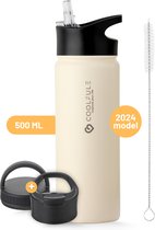 Bol.com CoolFule® - Waterfles RVS 500 ML - Créme-Wit - BPA-vrij - Dubbelwandige Drinkfles met Rietje - Thermofles - Inclusief 3 ... aanbieding