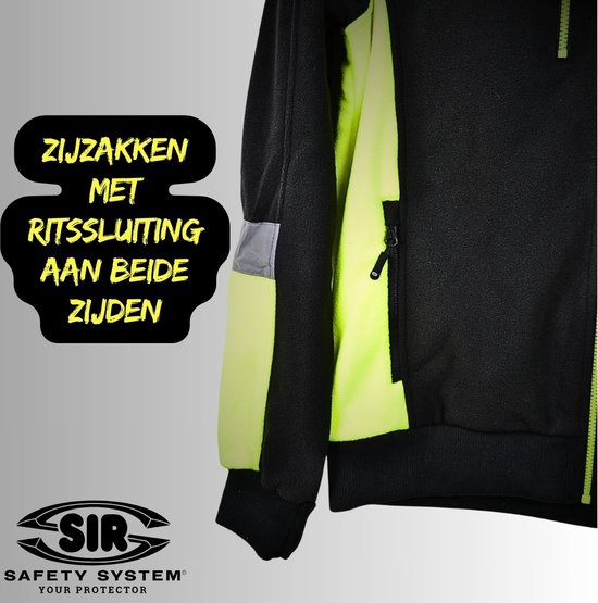 Detail van de trui met neongele zijpanelen en ritszakken. "ZIJZakken MET RITssluiting AAN BEIDE ZIJDEN".