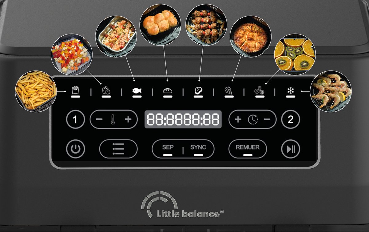 Afbeelding 3 van Little Balance 8765 - dubbele Airfryer - 2 x 4.5 liter inhoud - 2460 Watt - 8 programma's - PFAS vrij