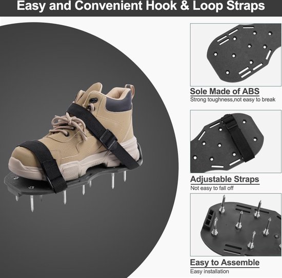 URAQT Chaussures avec crampons pour aération de pelouse et de jardin, chaussures d'aération de 42 mm avec sangles réglables, chaussures de pelouse aérateur de sandale, chaussures d'aération de pelouse, noires