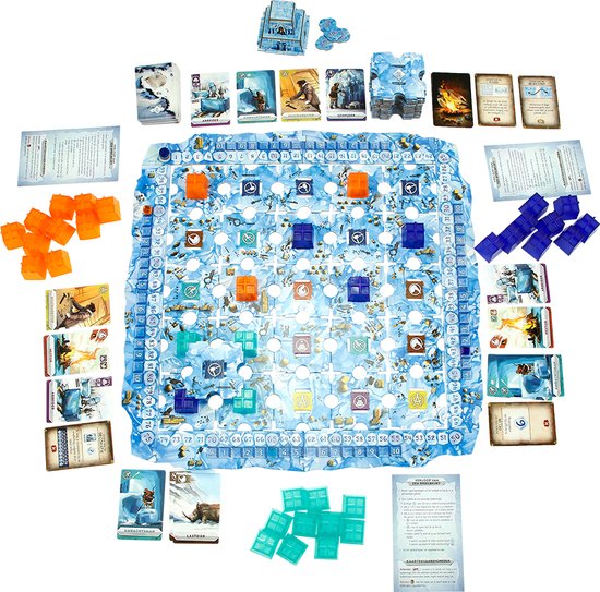 Bovenaanzicht van het spel 'Nunatak De IJstempel' met blauw ijzig bord, oranje, blauwe en turkooizen torens en kaarten.