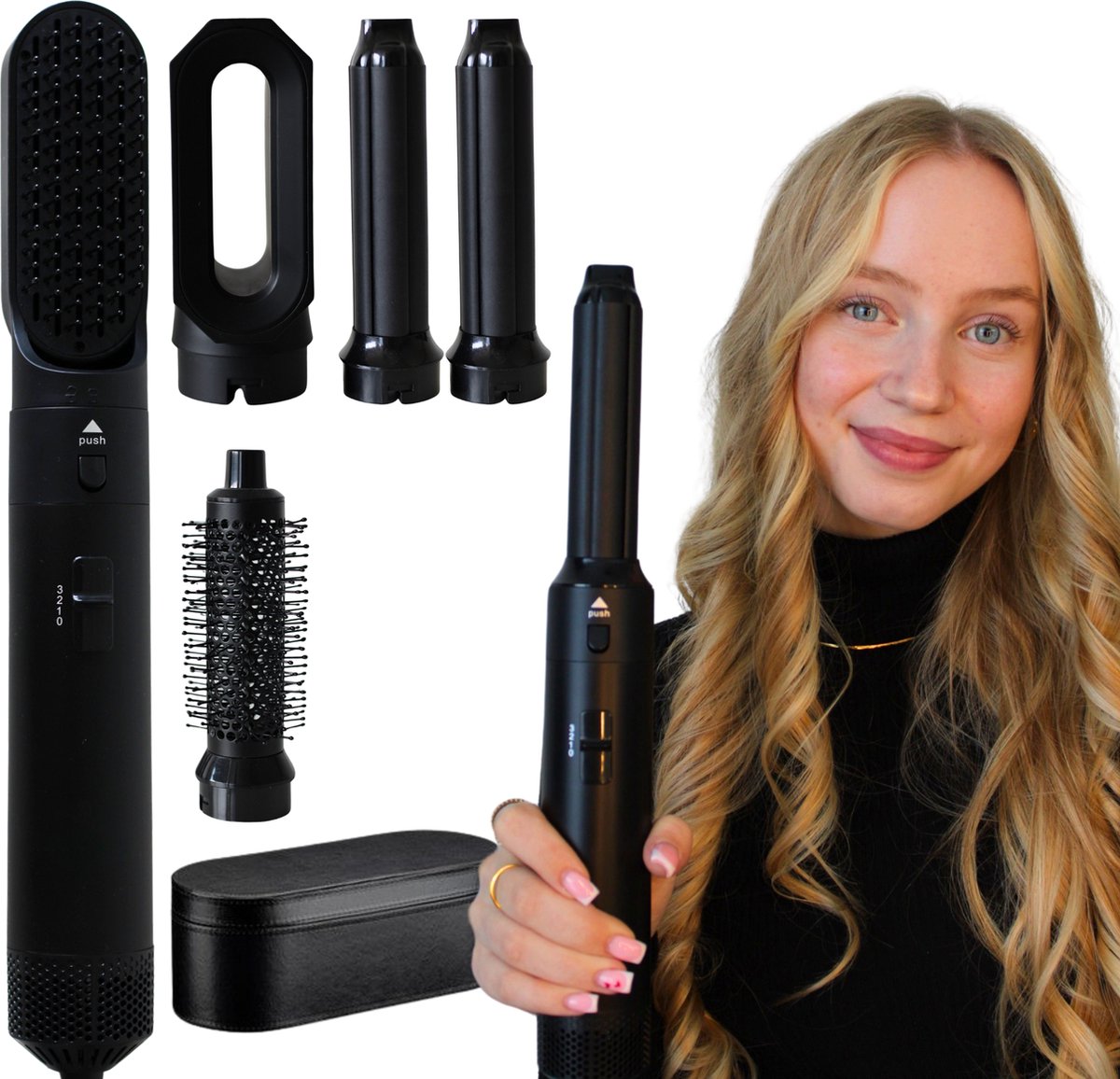 Nysah® Airstyler-Black- Krultang 5 in 1 Multistyler Fohn-fohnborstel- thermal brush-Hairwrap -TikTok -Krultang-Krulborstel-Krultangen-Inclusief luxe leren opbergdoos