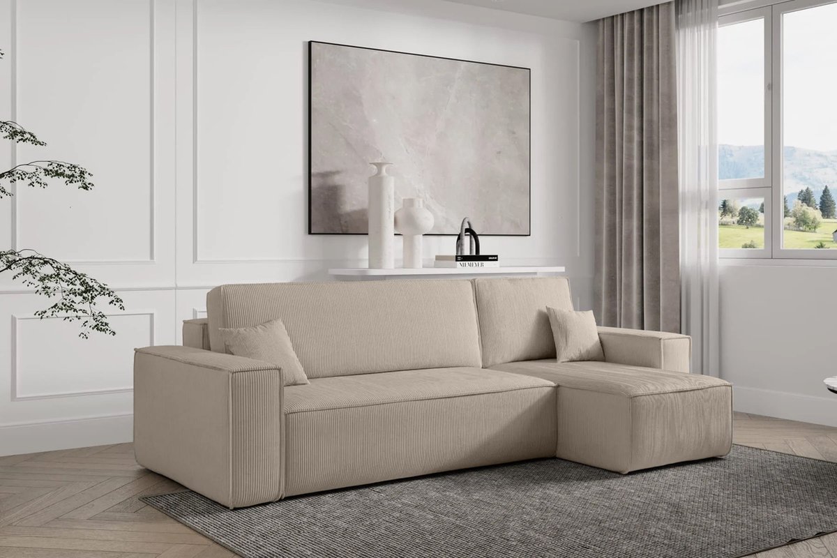 Hoekbank Frenkie - Universeel - Ribstof - Beige - Slaapbank met opbergruimte - Lounge Links of Rechts - Direct Leverbaar - Hoekzetel - Chaise longue - Zetel met slaapgedeelte - 3 zits - Zitcomfort Medium
