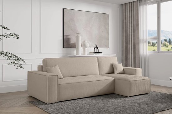 Hoekbank met opbergruimte Frenkie – Beige – Ribstof Velvet – Zetel – Slaapbank – Universeel – Links of Rechts – Hoekzetel – Chaise longue – Zetel met slaapgedeelte – 3 zits