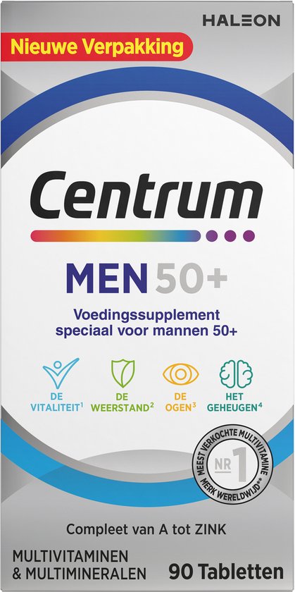 Centrum Men 50+ - Multivitaminen - 13 Vitaminen & 10 Mineralen - Tabletten - Energie, Weerstand, Spieren, Geheugen - Bevat Vitamine B6, B12, C, Ijzer en Magnesium - 90 stuks