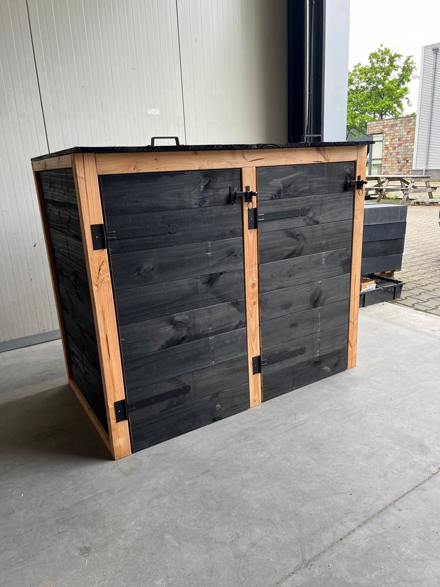 Containerombouw voor 2 kliko`s ombouw zwart blanke balk Douglas LET OP GEEN BOUWPAKKET WORDT KANT EN KLAAR GELEVERD Dus geen gedoe van zelf in elkaar zetten Kliko Ombouw 2 container Containerberging Containerkast enkel -Container berging