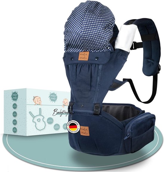 Donkerblauwe baby draagzak met witte stippenkap, met verpakking ernaast. Gemaakt in Duitsland.