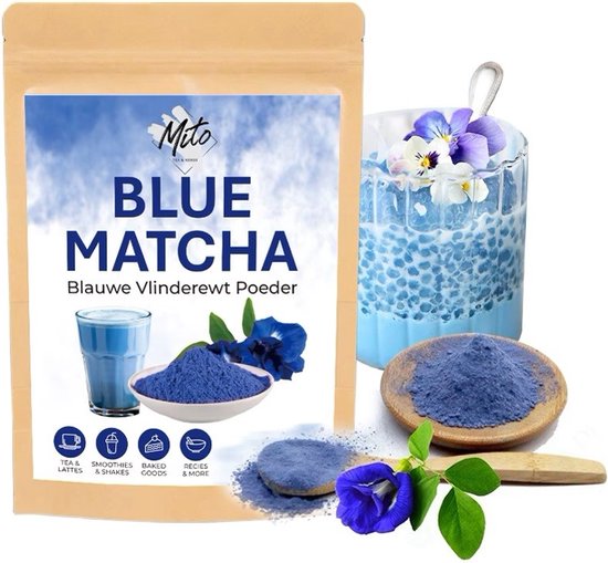 Foto: Premium blue matcha thee 50 gram hoogste kwaliteit blauwe vlindererwt poeder rijk aan antioxidanten blauwe matcha latte blauwe matcha eco verpakking gratis verzending