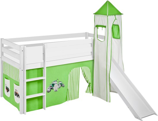 Lit semi-hauteur Tractor Green avec tente, tour et toboggan