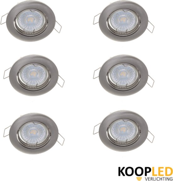 Foto: 6 stuks zilver inbouwspot led inclusief lichtbron 3w 2700k kantelbaar ronde plafondspots gu10 fitting