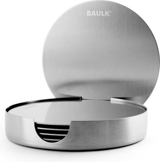 Baulk® - Onderzetters voor glazen – Onderzetters met houder - Design – Magnetisch – Uniek – RVS – Rond – 6 stuks