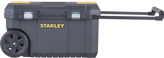 Grijze, gesloten Stanley gereedschapskoffer op wielen met gele accenten en een uitschuifbare handgreep.