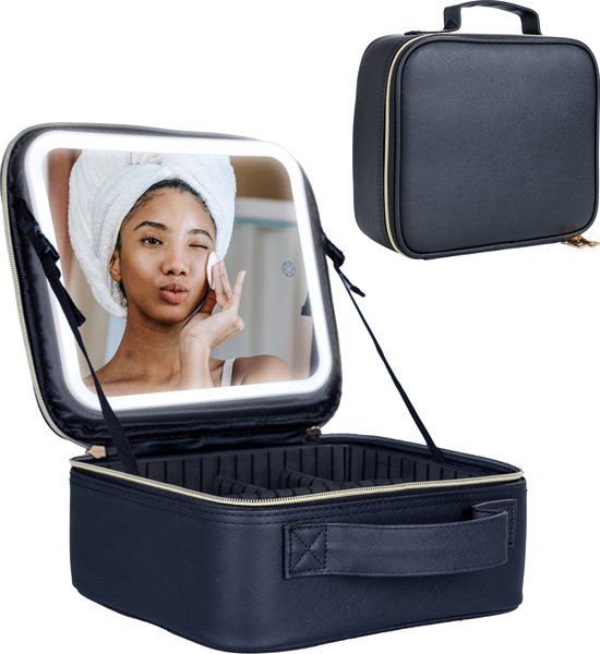 Foto: Peachbeauty make up tasje met spiegel make up organizer tas beautycase koffer make up zwart