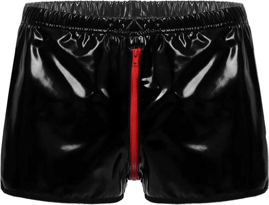 Boxer brillant cuir artificiel - Cuir - Fermeture éclair entrejambe ouverte - Look latex - Vêtements porno BDSM - Erotiek - Shorts - Shorts
