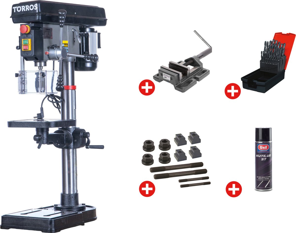 Professionele tafelboormachine boren tot ø 20 mm MK2 600W 230V + boorklem set spanbouten set boren 1-13 mm spuitbus Torros DT20M PACK