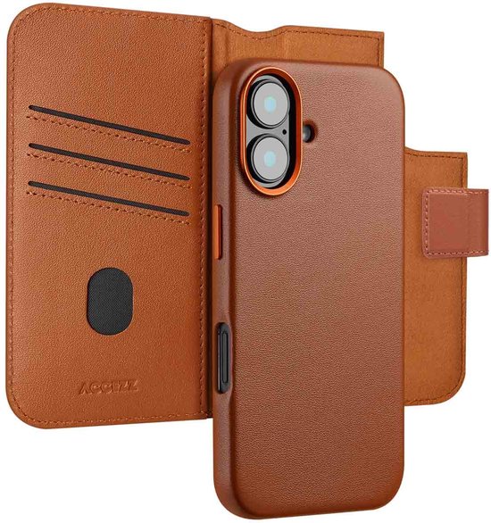 Foto: Accezz hoesje geschikt voor iphone 16 hoesje met pasjeshouder accezz leather bookcase 2 in 1 geschikt voor magsafe bruin