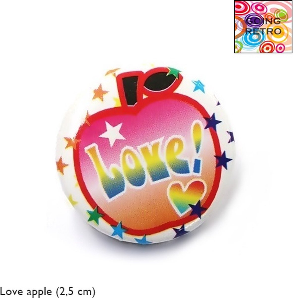 Going Retro® - Trendy Button Brôche - (52) Love Hart Multi colour Appel Roze Oranje Rood Zwart Sterretjes Multi colour – Wit – ca. 2,5 cm – Volwassenen Jeugd Kinderen – Unisex – Casual - Thema Feest