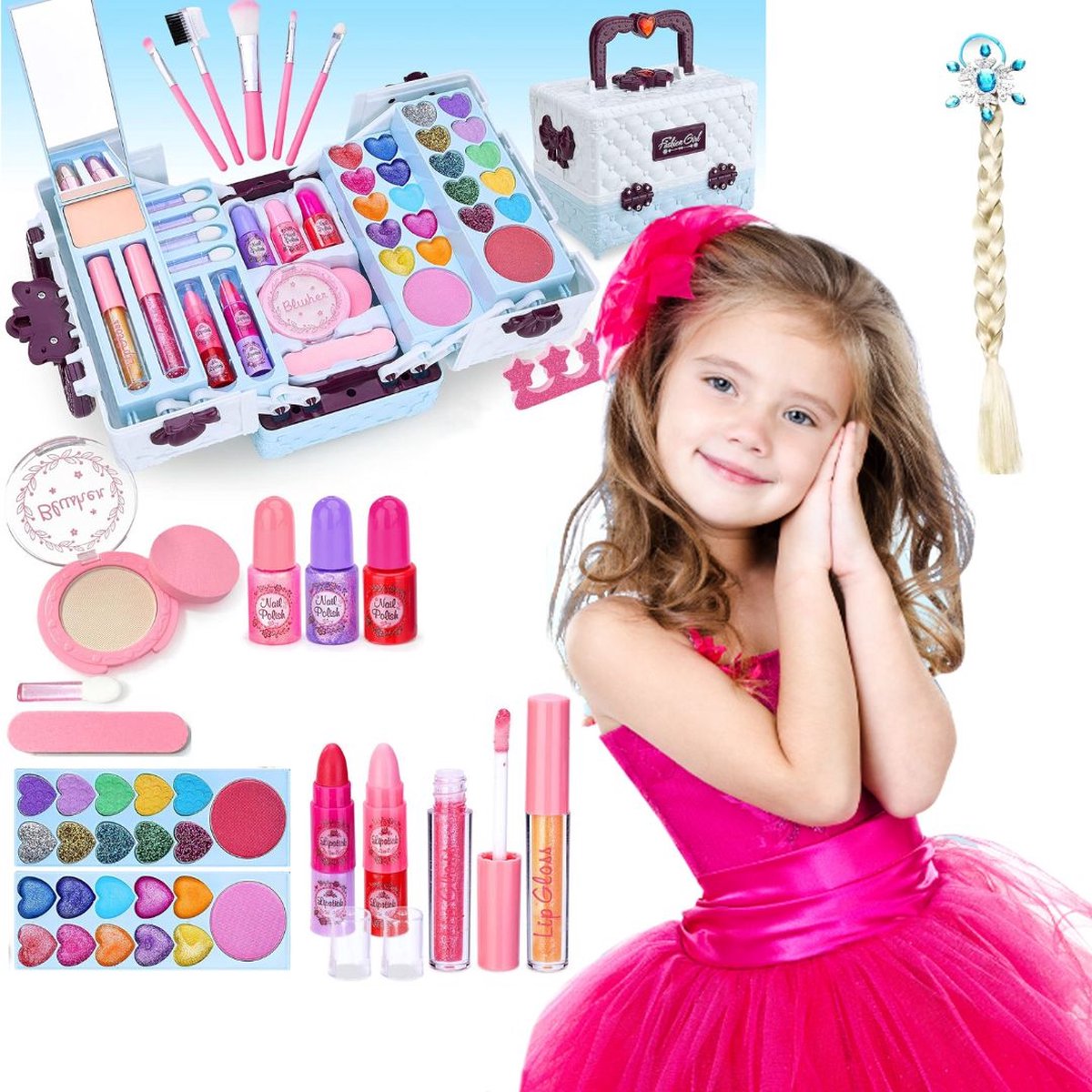 Dailysupplies Make up Koffer Meisjes Kinder Speelkoffer met Inhoud Make upset voor Kinderen Wit met Blauw
