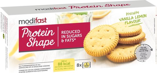 Modifast Protein Shape koekjes, vanille-citroen smaak. Stapel van vier ronde, beige koekjes met gele citroen- en vanille-elementen.