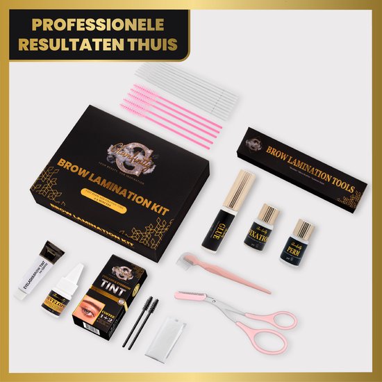 Complete Glamfinity brow lamination set met verf, lijm, perm, fixatie, borsteltjes en schaartje.