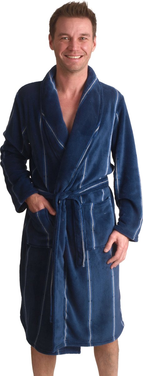 Herenbadjas krijtstreep - fleece badjas - kamerjas - warme badjas - zacht - cadeau voor hem - maat S